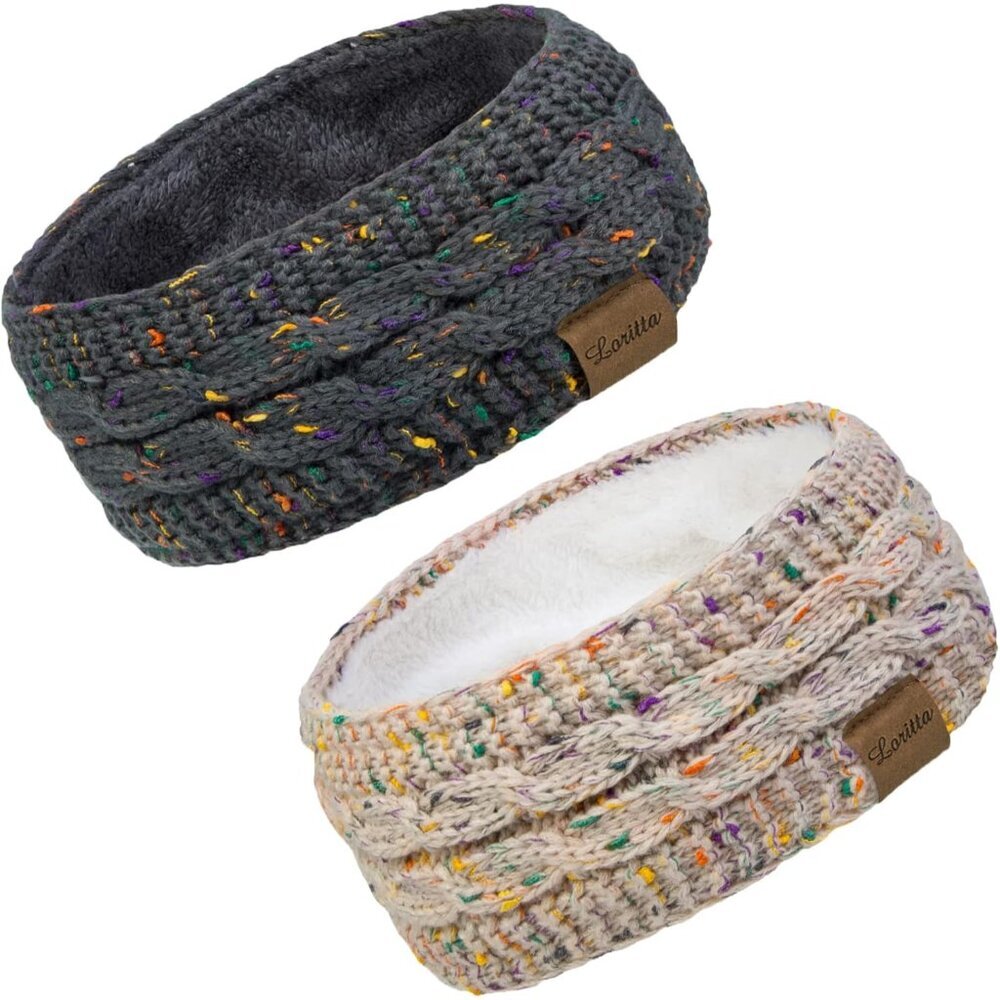 2 Pack Headbands for Women Winter Warm Cable Knit Ear Warmer Thick Head Wrap Fuz